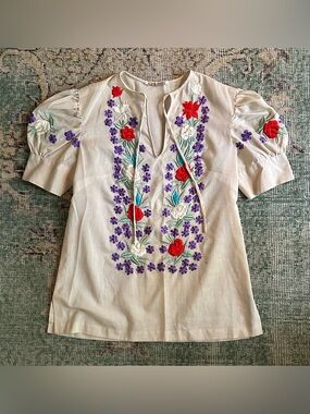 VTG Bohemian Vibrant Flower Embroidered Puff Sleeve Blouse Top Philippines SMALL